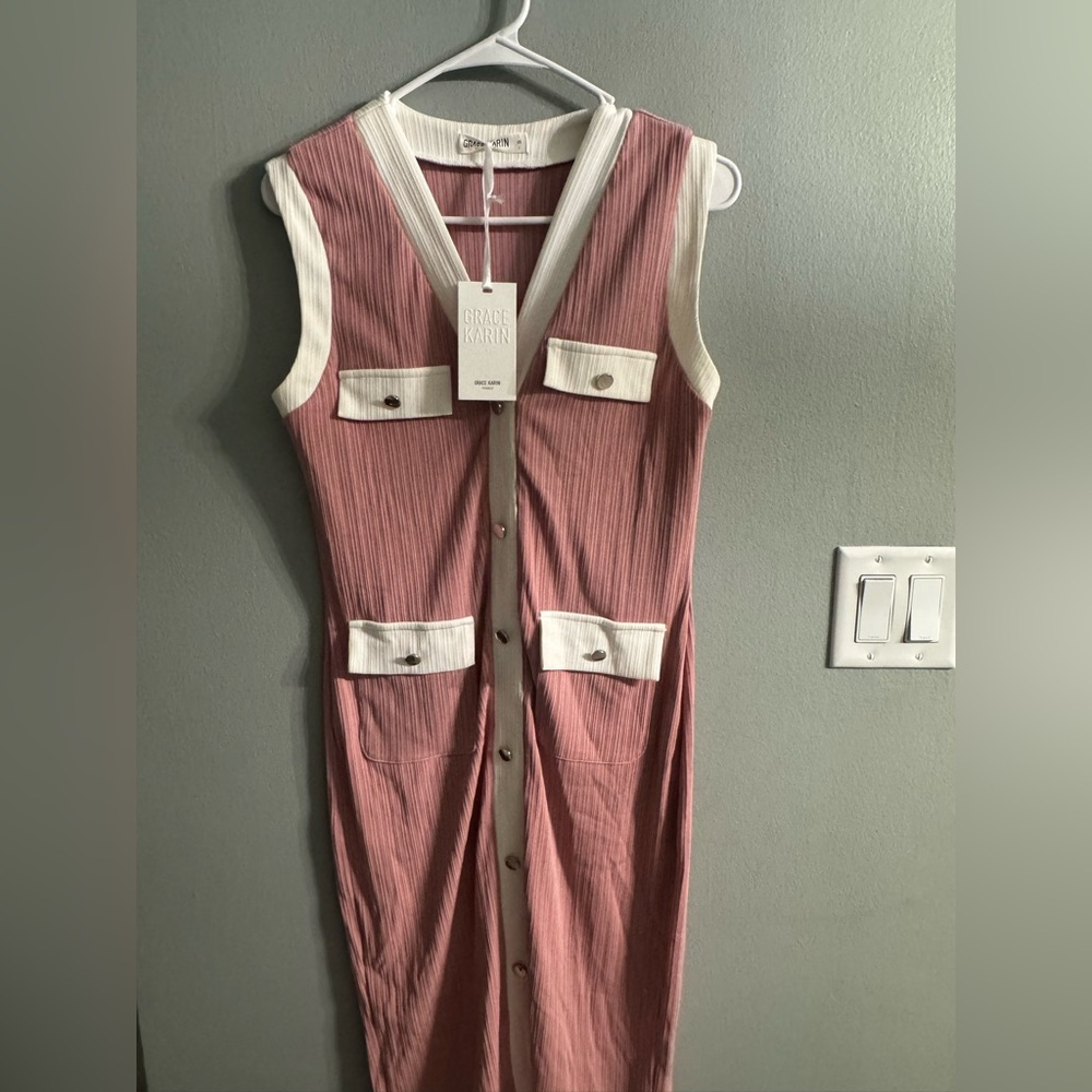 Grace Karin Pink and Cream Button-Down Midi Dress